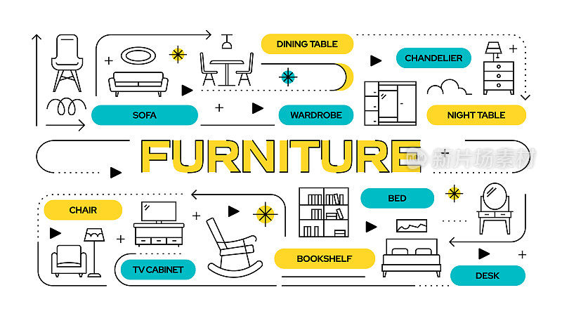 家具相关矢量旗帜设计概念，现代线条风格与图标