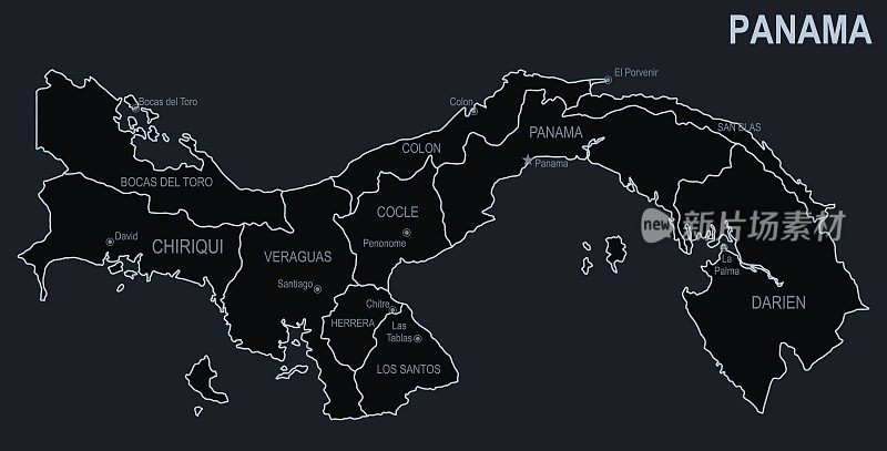 巴拿马的平面地图，以黑色为背景的城市和地区