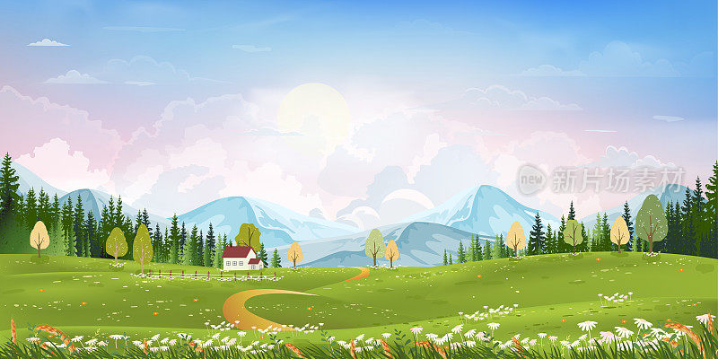 以山、粉、蓝、云为背景的春绿田园景观，以绿草如茵的田园风光尽收眼底。卡通矢量插图为春天和夏天的旗帜