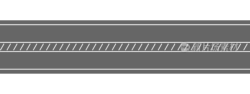 空直路顶部视图。带有斜条纹的公路标志。无缝水平巷道模板隔离在白色背景。城市地图的交通元素。矢量平面插图