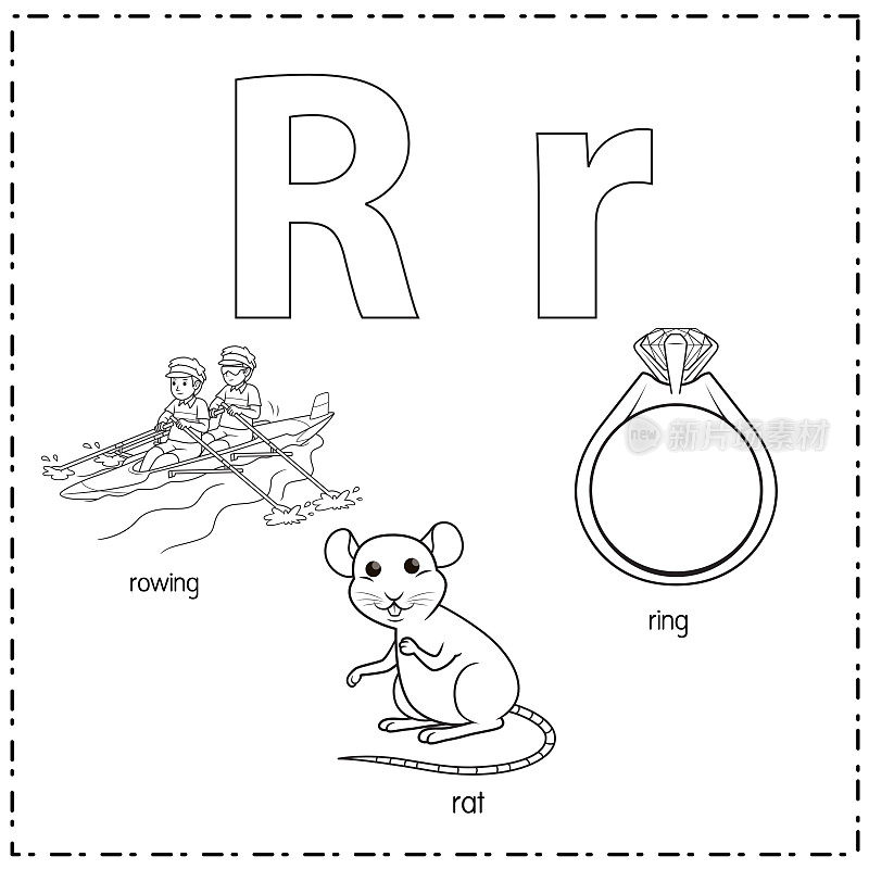 向量插图学习字母R的小写和大写的儿童与3卡通图像。划船鼠戒指。