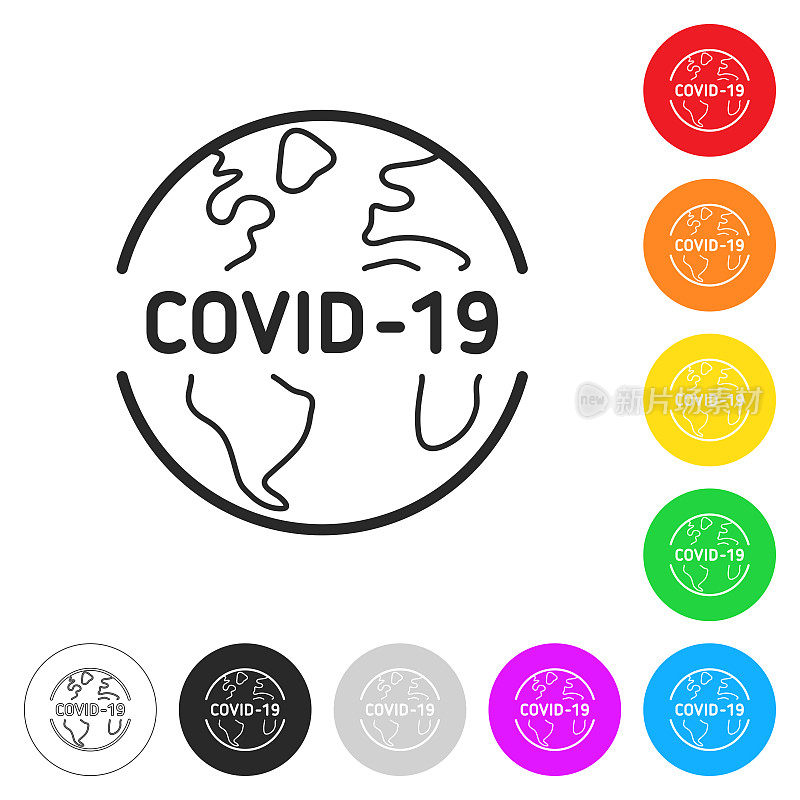 地球上COVID-19。按钮上不同颜色的平面图标