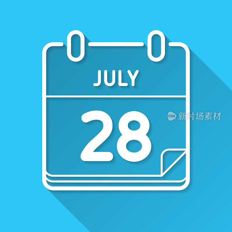 7月28日。蓝色背景上的图标-长阴影平面设计