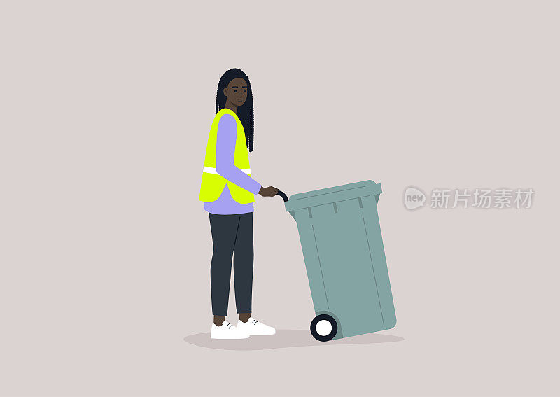一个年轻的非洲女性角色收集一个垃圾桶，公用事业服务，环境对话，一个轮子上的塑料垃圾桶