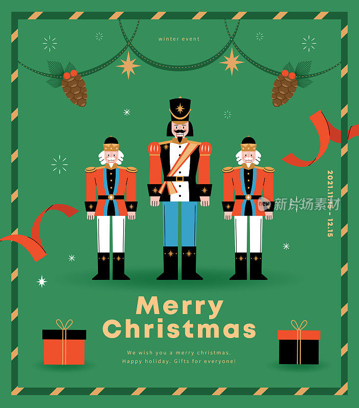 圣诞快乐，恭贺新禧!圣诞胡桃夹子矢量插图，框架，海报。