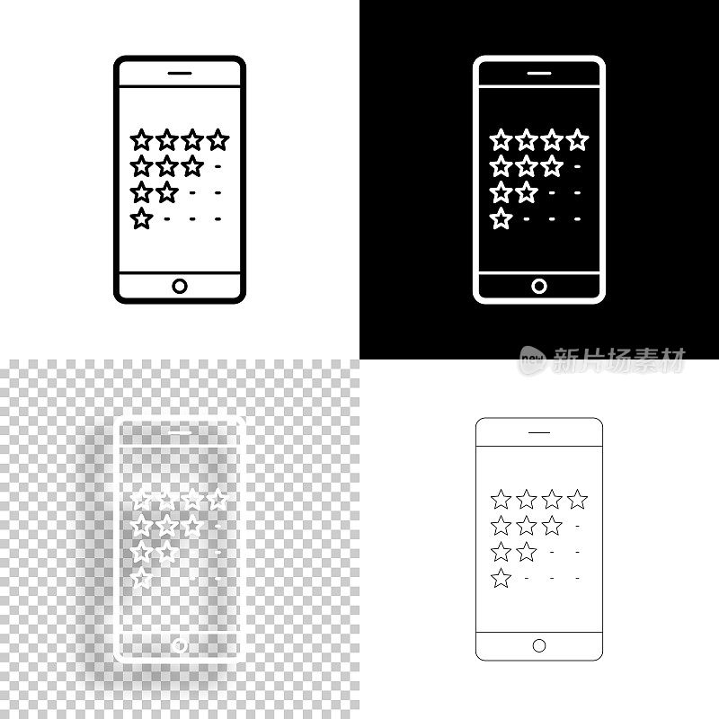 有星级评级的智能手机。图标设计。空白，白色和黑色背景-线图标