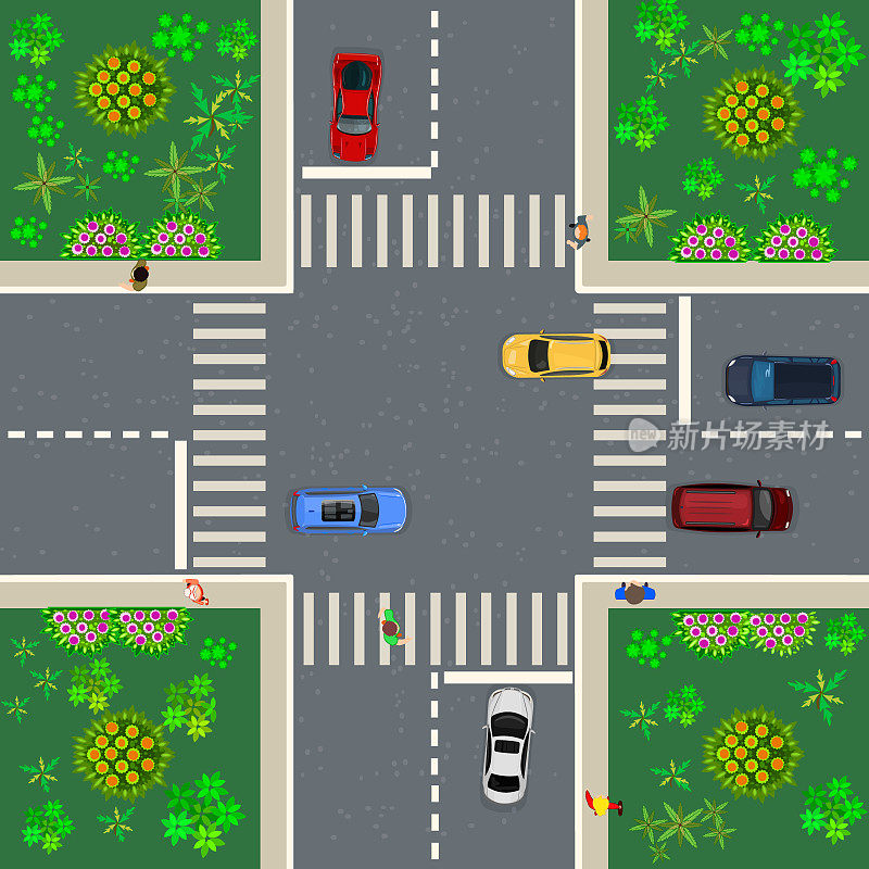 十字路口顶视图与汽车，道路，行人在人行道和人行横道。俯瞰城市。