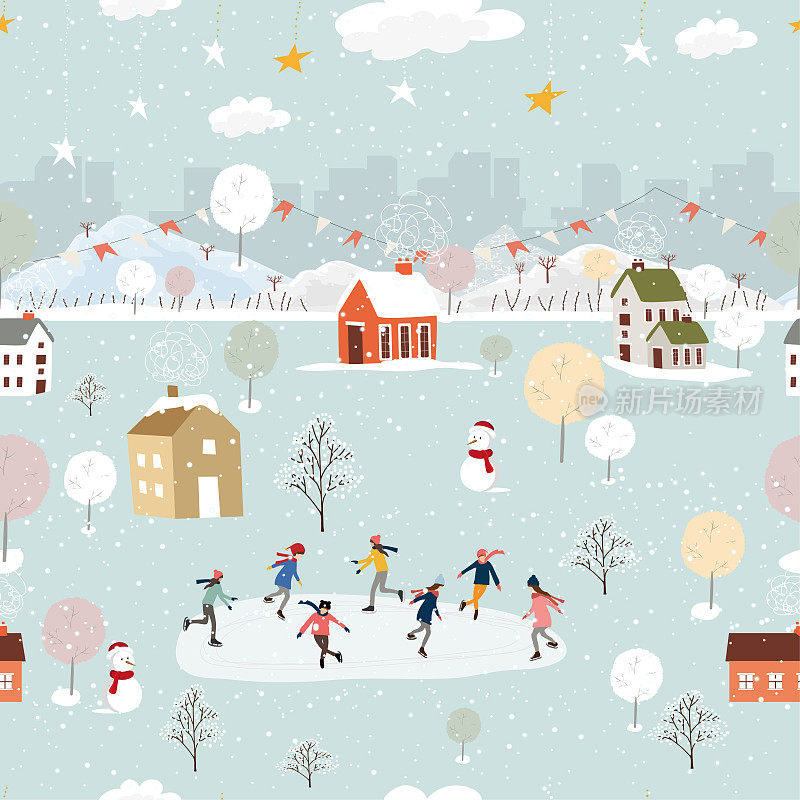 在冬季的夜晚，人们在户外做着有趣的活动，在新年，圣诞节在村庄里人们庆祝，孩子玩溜冰鞋，青少年滑雪与雪花