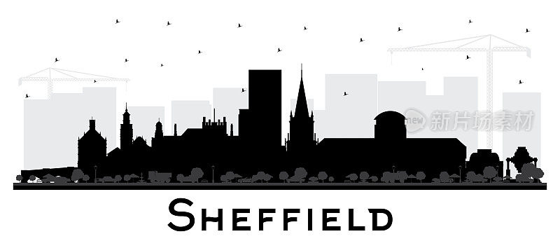 谢菲尔德英国城市天际线剪影与黑色建筑孤立在白色。
