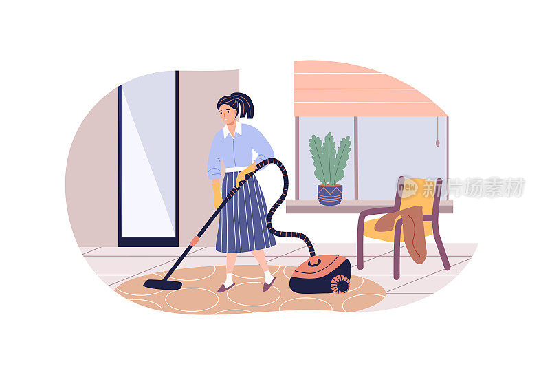 现代家庭主妇戴着橡胶手套清洁地毯，用吸尘器清洁卫生