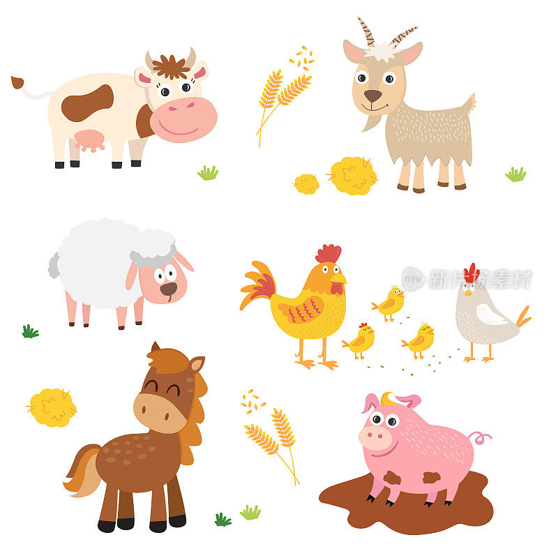 农场动物。牛，马，猪，山羊，绵羊，鸡，鸡，公鸡。
