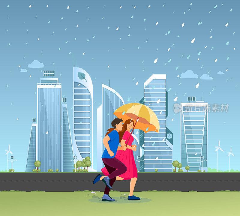 在雨中聚集人们。夫妻俩撑着伞在秋雨中奔跑，穿过水坑冲回家