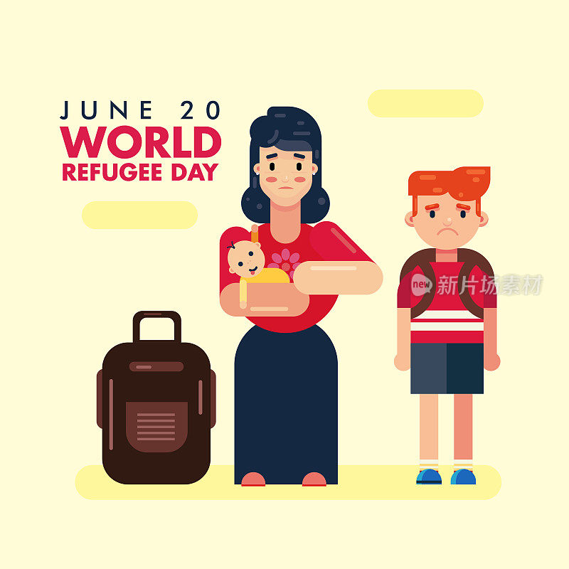 6月20日世界难民日，母亲带着婴儿和孩子离开，带着袋子矢量海报设计