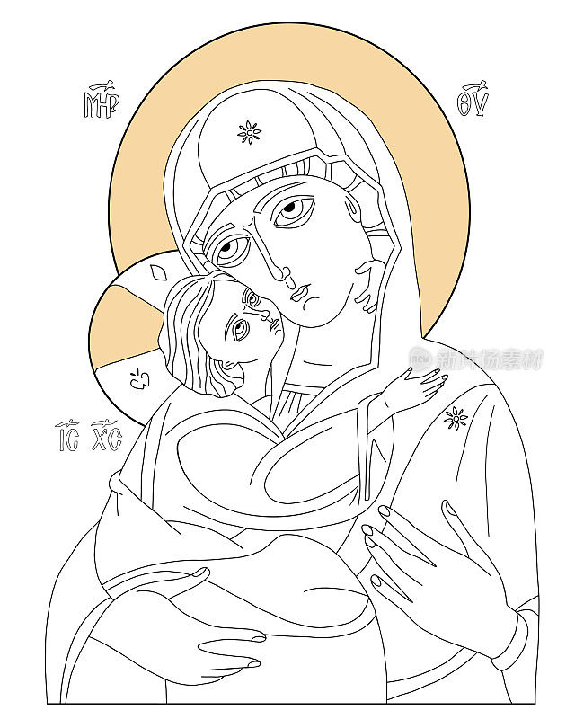东正教圣像弗拉基米尔圣像的处女。神圣的母亲，上帝，上帝的母亲，天堂的女王和耶稣基督的孩子。Eleusa，线性手绘。矢量插图图标圣母玛利亚温柔