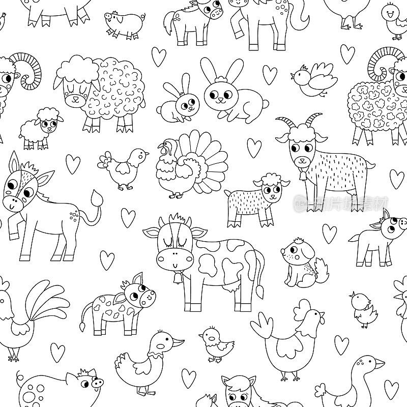 矢量黑白无缝图案与农场动物和鸟类。轮廓重复背景牛，马，羊，鸭和孩子。可爱的母婴数码纸。亲情涂色页
