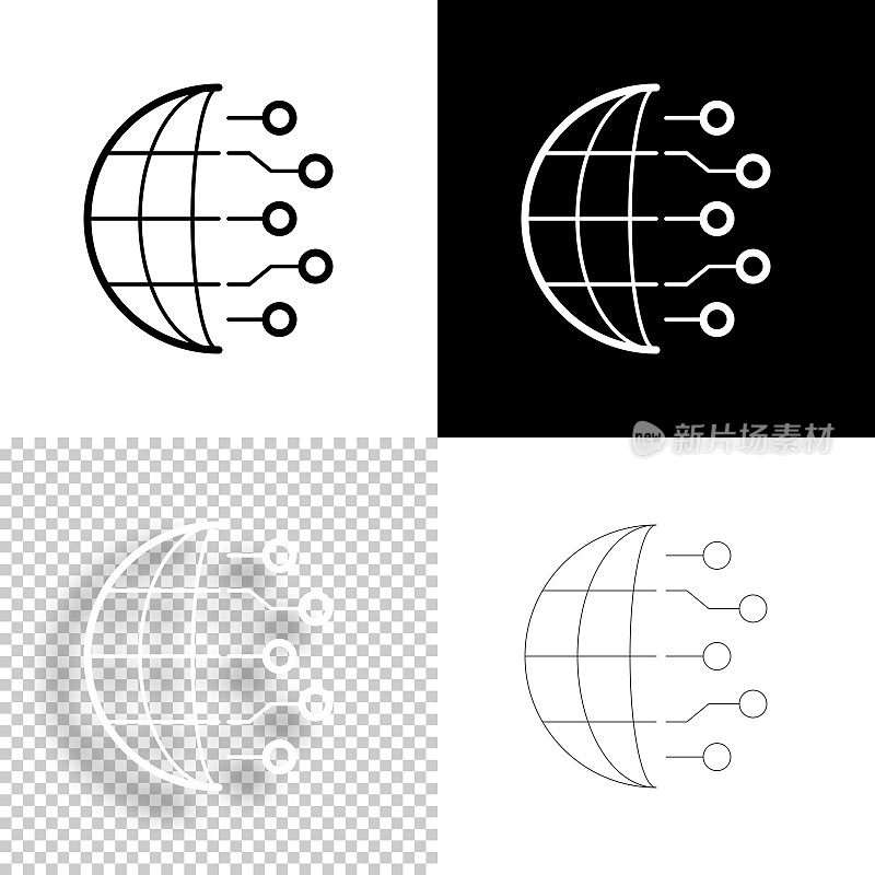 地球仪和电路板。图标设计。空白，白色和黑色背景-线图标