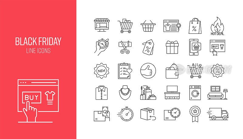 黑色星期五相关线图标集。大纲符号集合