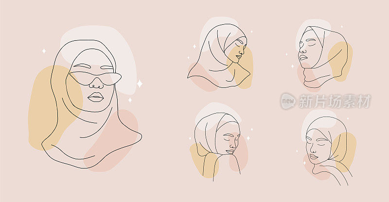 一套极简主义女性肖像彩色点。穿着希贾布、闭着眼睛的直线型伊斯兰妇女。矢量插图在一个线条绘制风格。完美的美容标志