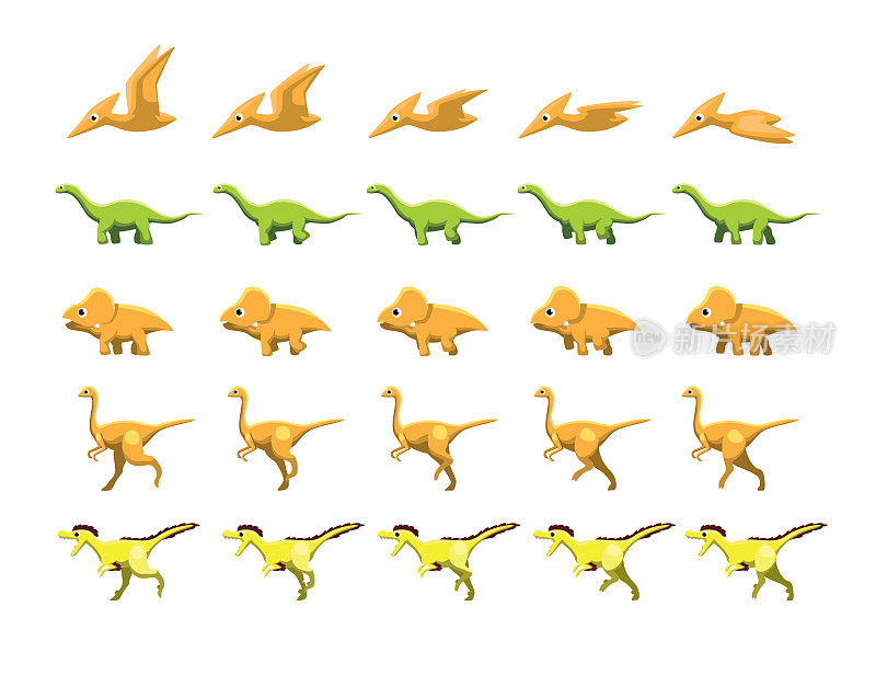 动物恐龙动画移动帧序列可爱卡通矢量插图