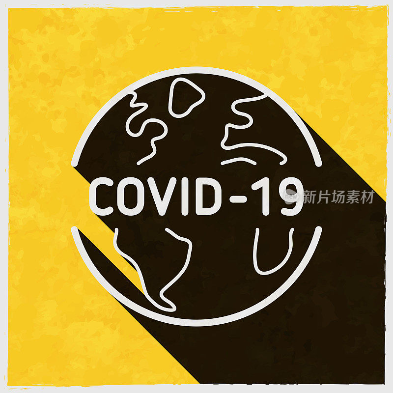 地球上COVID-19。图标与长阴影的纹理黄色背景