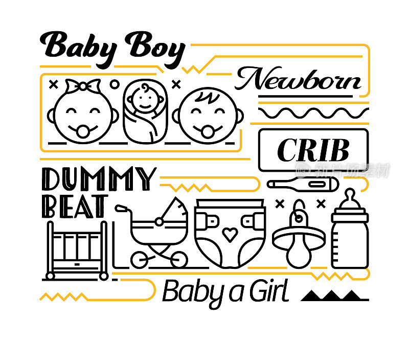 婴儿对象和元素。线条图标插图集合。图标设置或标题模板。