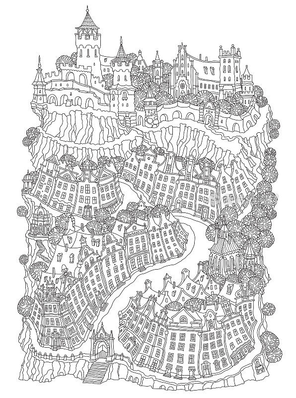 矢量奇幻景观，童话小镇上中世纪城堡山上。黑白成人和儿童涂色书页面