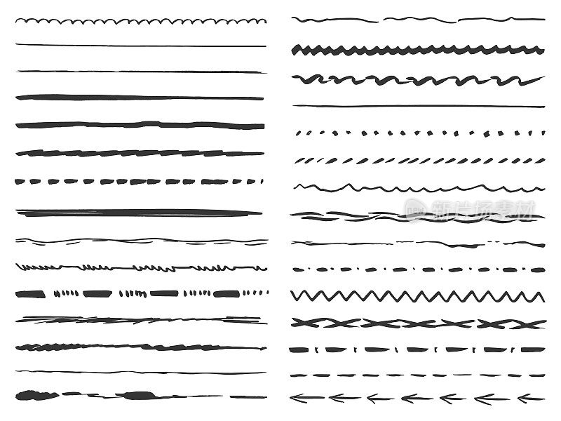 孤立的垃圾素描线条。创意线条铅笔或钢笔、墨笔套装。写意画笔画，潦草划分界线。近代艺术向量集