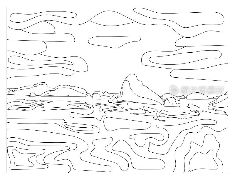 海湾景观有山丘和岛屿，图文黑白写生，上色。矢量图