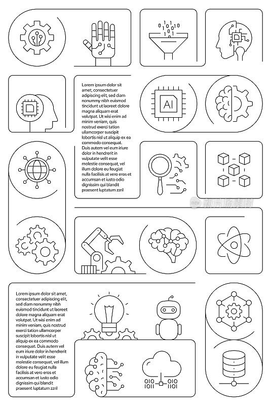 机器学习相关矢量横幅设计概念，现代线风格与图标