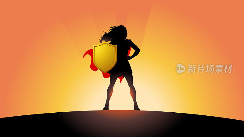 矢量女性超级英雄剪影站在权力的姿势股票插图