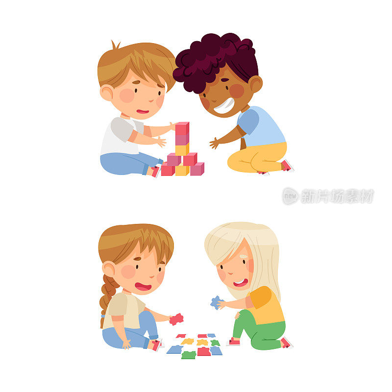 孩子们一起用玩具积木积木，一起玩拼图游戏。教育发展理念卡通矢量插画