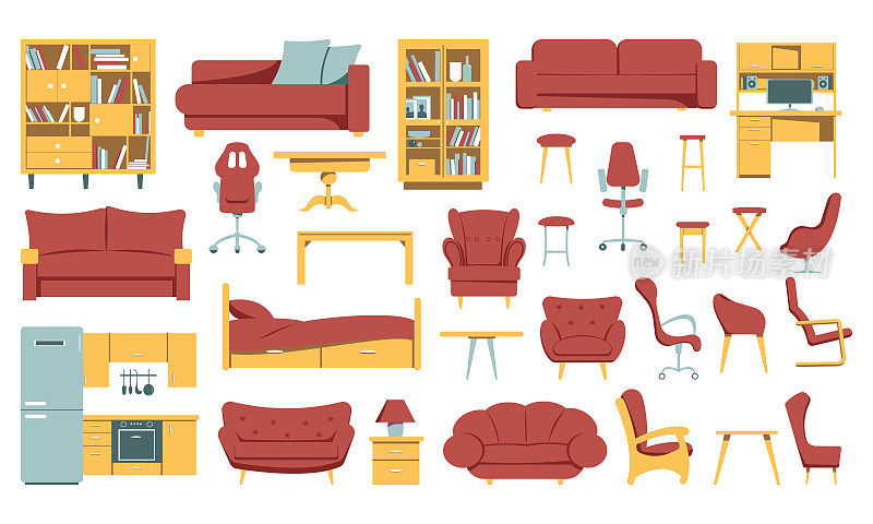 家具:一套家具和陈设橱柜，扶手椅，沙发和椅子的矢量图像。