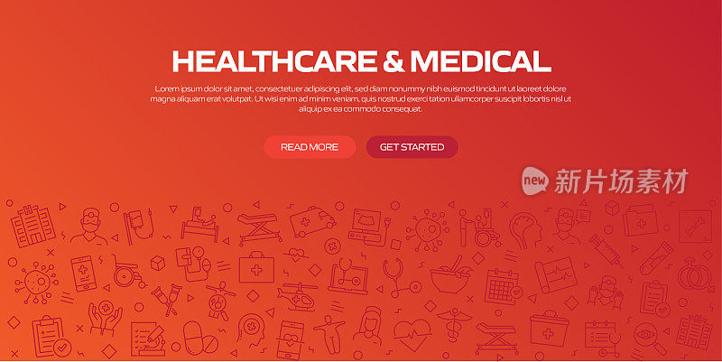 与线性图标的医疗保健和医疗网页横幅，时髦的线性风格向量