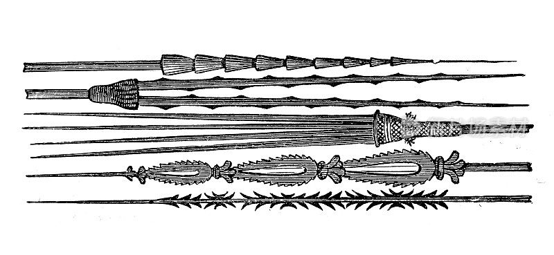 古董插图，民族志和土著文化:工具和武器，斐济
