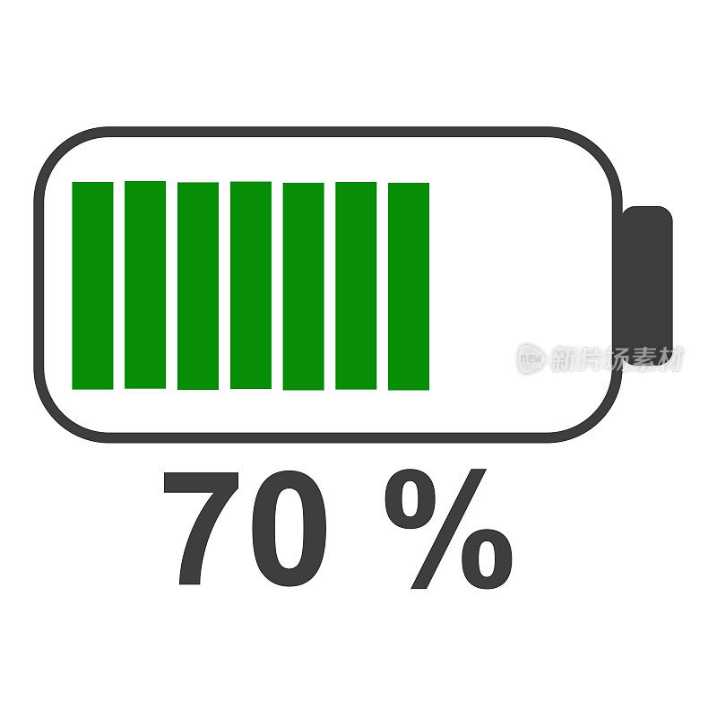 70%电池能源图标，电池充电器概念