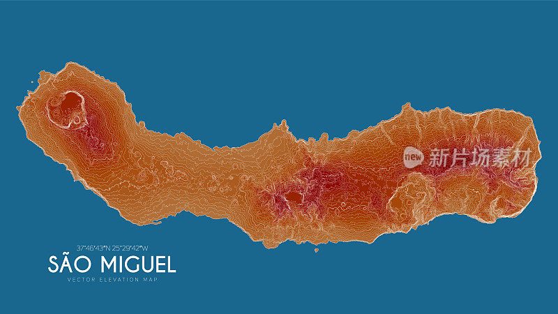 葡萄牙亚速尔群岛圣米格尔的地形图。海岛矢量详细高程图。地理优美的山水轮廓海报。