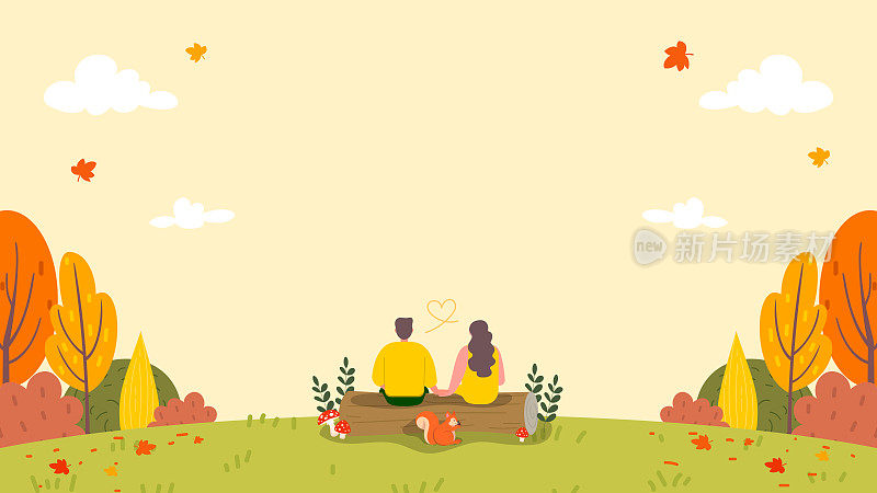 秋季背景矢量插图。一对恩爱的夫妇坐在原木上，伴着秋天的风景