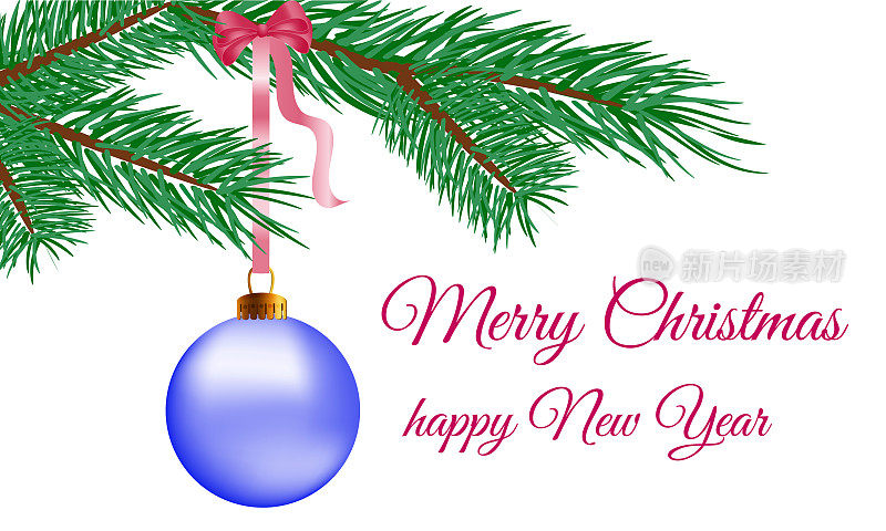 圣诞快乐新年的文字，贺卡设计矢量现实蓝色圣诞球冷杉枝和装饰丝带孤立在白色背景。有光泽的玻璃小玩意儿挂在云杉树枝上
