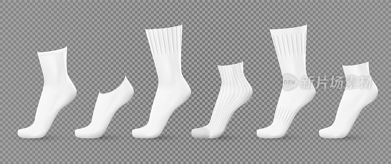 现实的白袜子。3D空白经典棉布脚衣服模型。运动弹性高尔夫和脚印。长,中间。现代时尚。孤立的鞋子衣服。体面的向量组