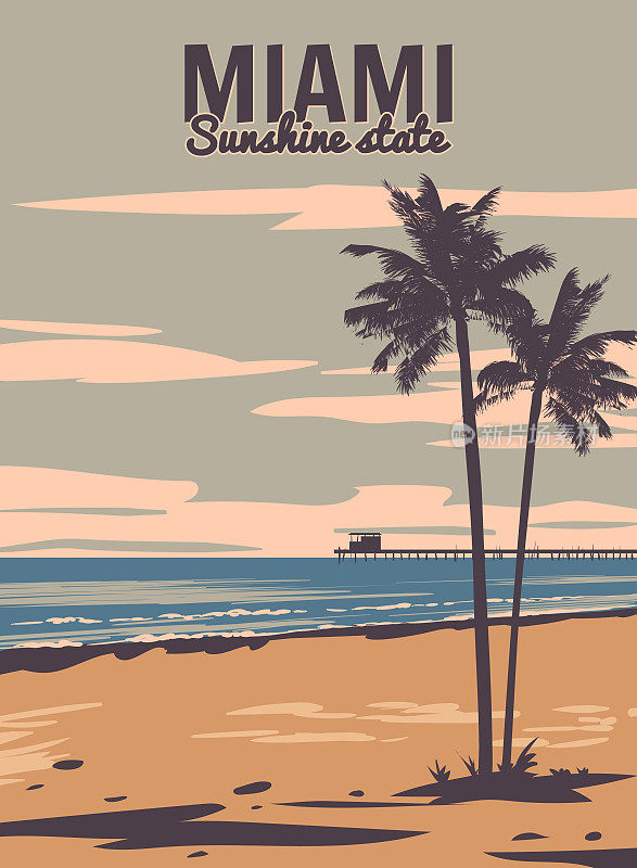 迈阿密海滩复古海报。海滩，棕榈，海岸，冲浪，海洋。矢量图