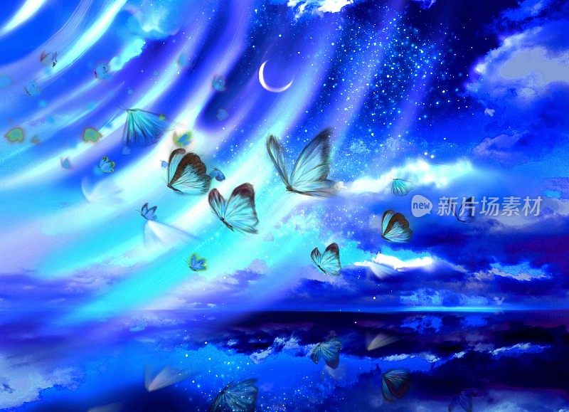 美丽的夜空和蓝色的蝴蝶在水面上跳舞的剪贴画。