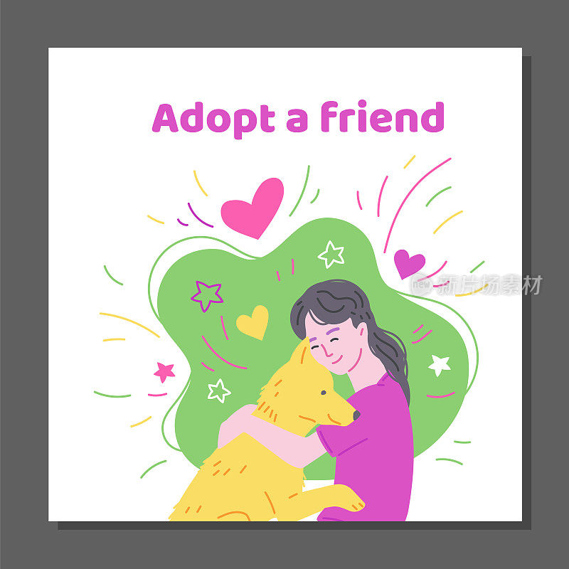 宠物收养广告海报，女人拥抱狗-手绘平面矢量插图。采用宠物铭文、动物收容所横幅模板。