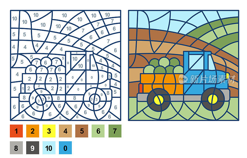 益智游戏皮卡车，颜色由数字表供儿童使用。矢量着色页学习数字
