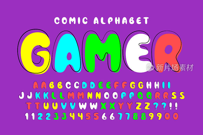 时髦的泡泡滑稽字母设计，五颜六色，字体。