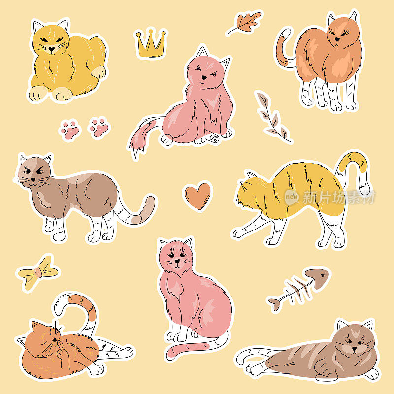 一套贴纸与可爱和有趣的涂鸦猫