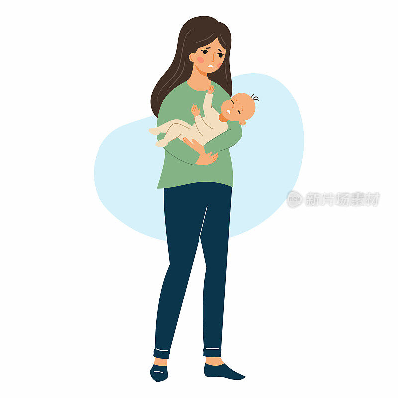 一名妇女把啼哭的婴儿抱在怀里。悲伤的母亲和婴儿。