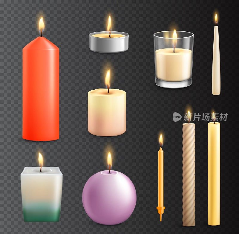 逼真的蜡烛，烛光和茶火