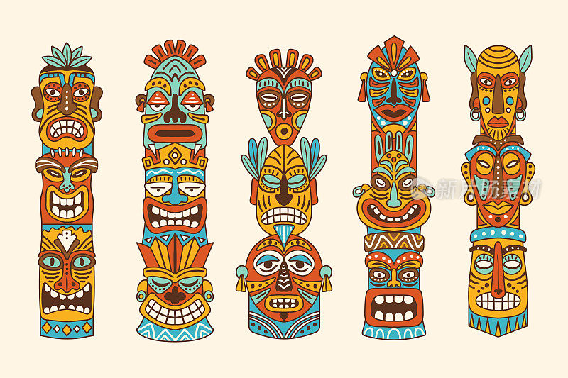 土著部落的面具。印第安图腾提基夏威夷掩盖了最近矢量真实的神话符号