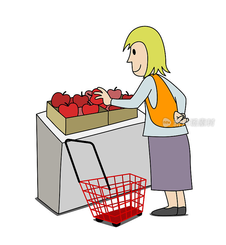 金发快乐的女人角色推着购物车在市场上买东西，摘苹果。