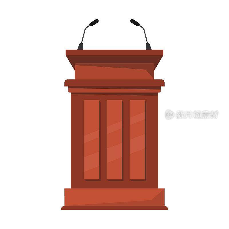 宽阔的木质辩论台，配有双麦克风，卡通矢量插图。木质讲坛和带麦克风的玻璃讲台